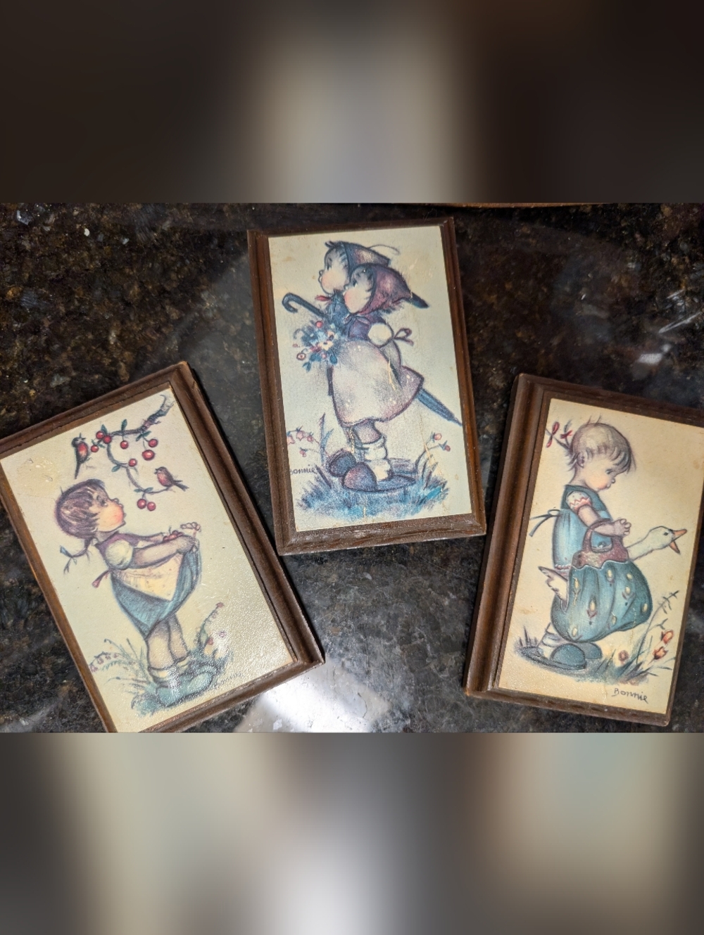3 Vintage Hummel Children Wooden Wall Plaques 4x6